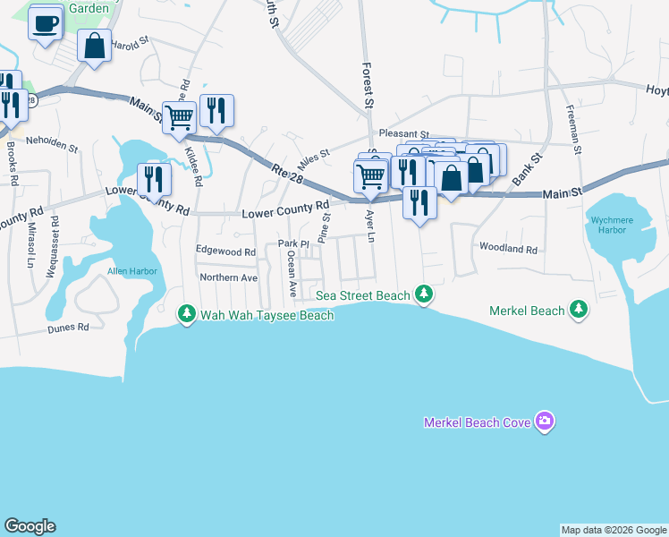 map of restaurants, bars, coffee shops, grocery stores, and more near 19 Pine Street in Harwich