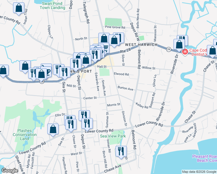 map of restaurants, bars, coffee shops, grocery stores, and more near 21 Seafield Road in Dennis