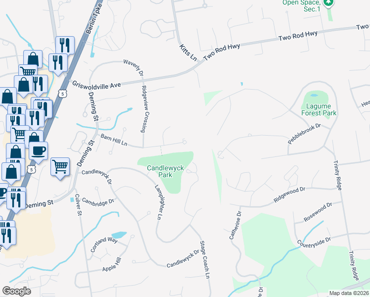map of restaurants, bars, coffee shops, grocery stores, and more near 161 Barn Hill Lane in Newington