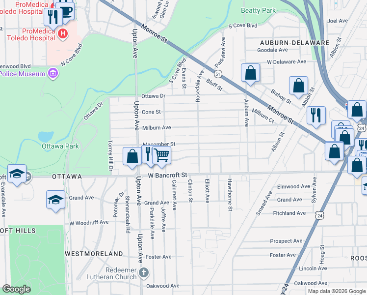 map of restaurants, bars, coffee shops, grocery stores, and more near 1730 Macomber Street in Toledo