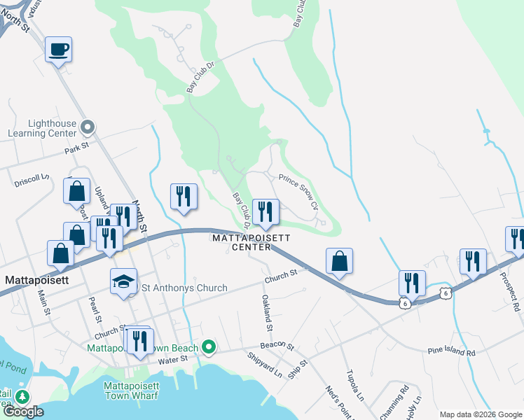 map of restaurants, bars, coffee shops, grocery stores, and more near 12 Bay Club Drive in Mattapoisett