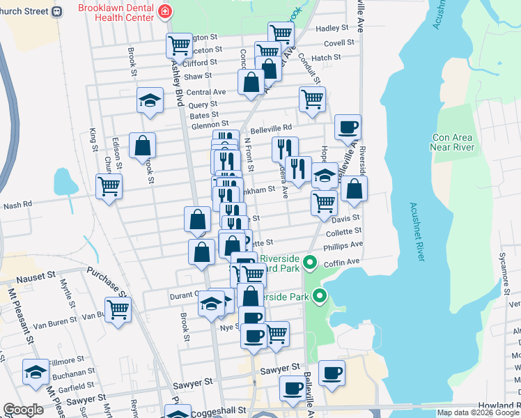 map of restaurants, bars, coffee shops, grocery stores, and more near 85 Hathaway Street in New Bedford