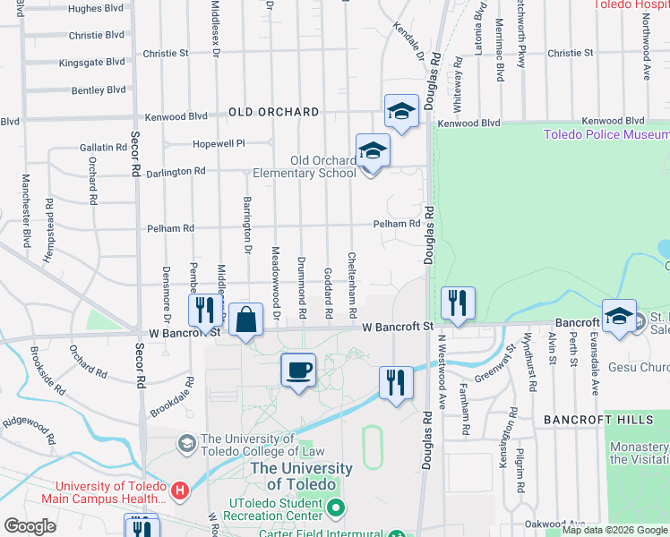 map of restaurants, bars, coffee shops, grocery stores, and more near 2324 Goddard Road in Toledo