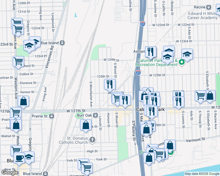 map of restaurants, bars, coffee shops, grocery stores, and more near 12524 South Wood Street in Calumet Park