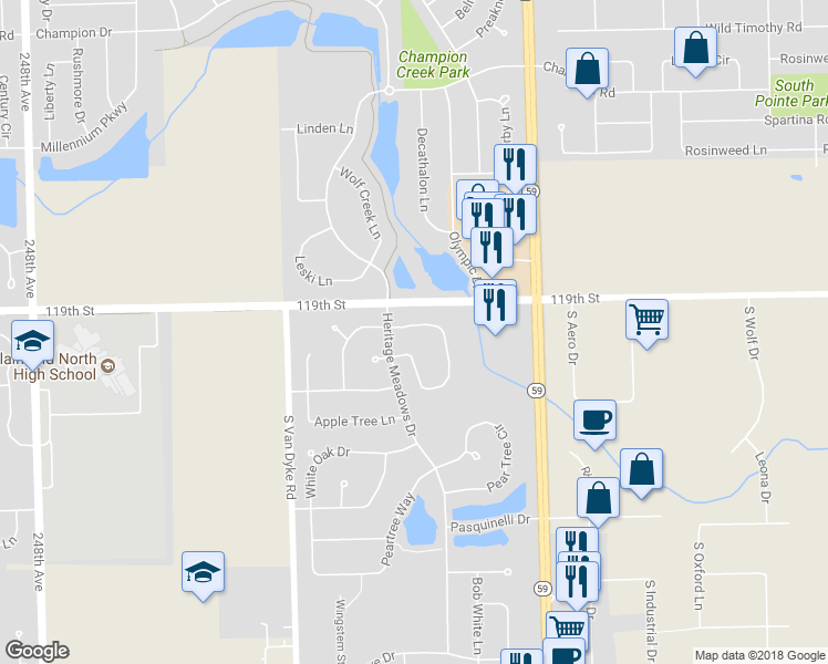 map of restaurants, bars, coffee shops, grocery stores, and more near 24215 Walnut Circle in Plainfield