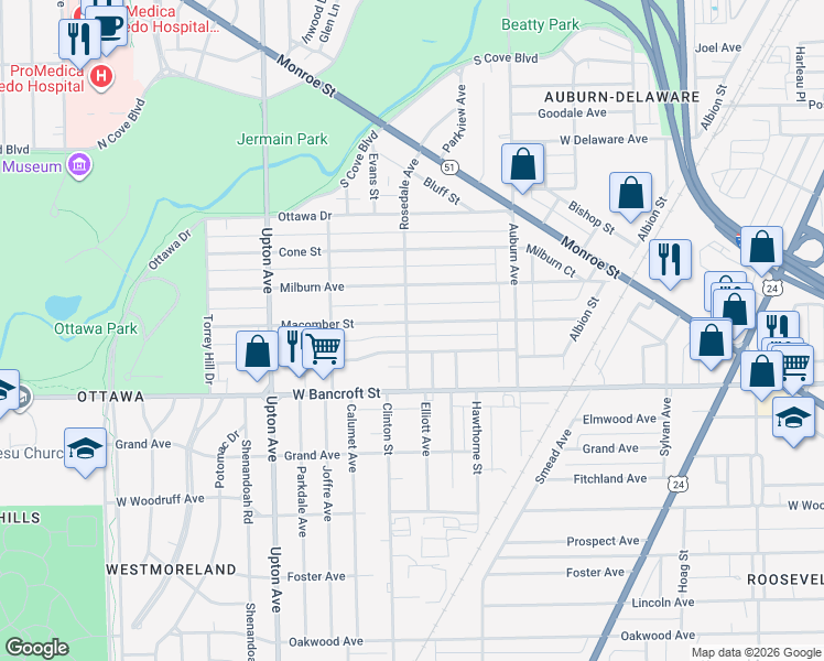 map of restaurants, bars, coffee shops, grocery stores, and more near 1661 Macomber Street in Toledo