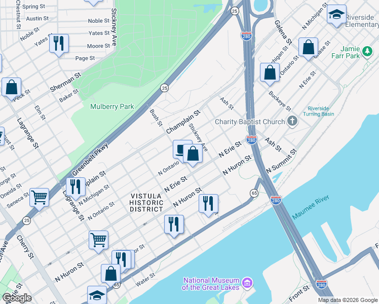 map of restaurants, bars, coffee shops, grocery stores, and more near in Toledo