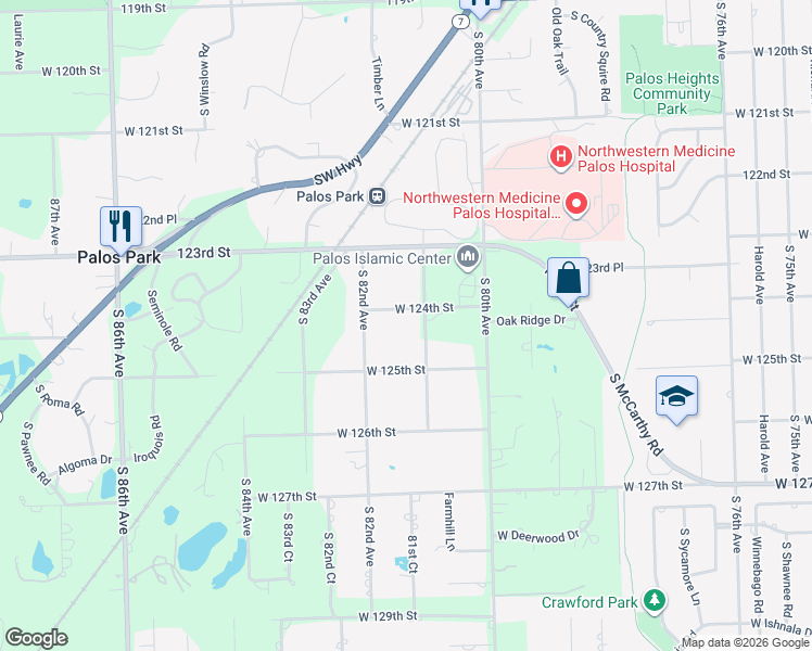map of restaurants, bars, coffee shops, grocery stores, and more near 8109 West 124th Street in Palos Park