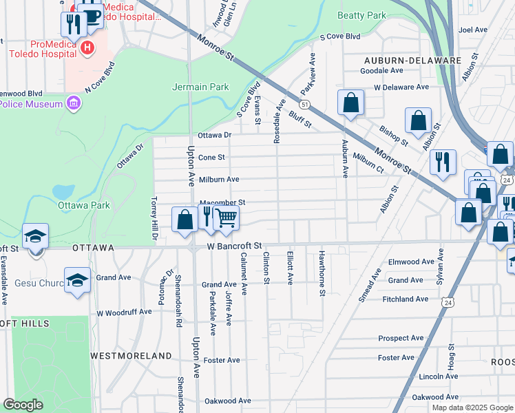 map of restaurants, bars, coffee shops, grocery stores, and more near 1733 Macomber Street in Toledo