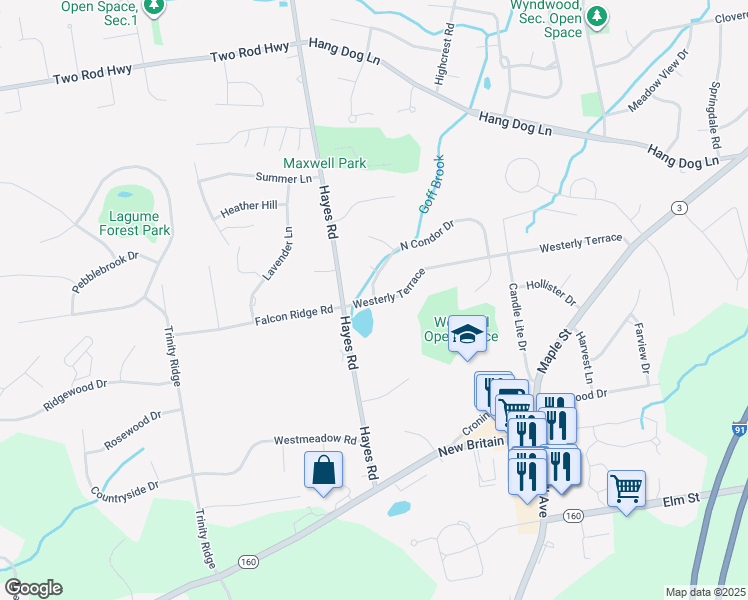 map of restaurants, bars, coffee shops, grocery stores, and more near Westerly Terrace & North Condor Drive in Rocky Hill