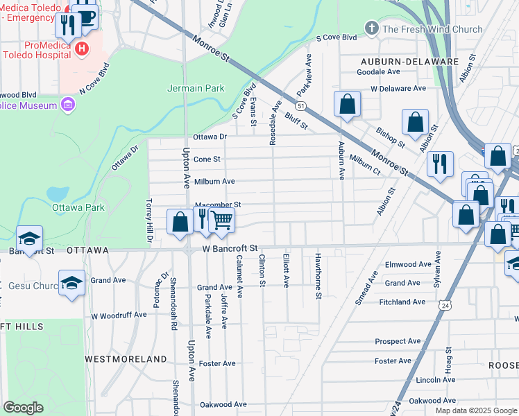 map of restaurants, bars, coffee shops, grocery stores, and more near 1719 Macomber Street in Toledo