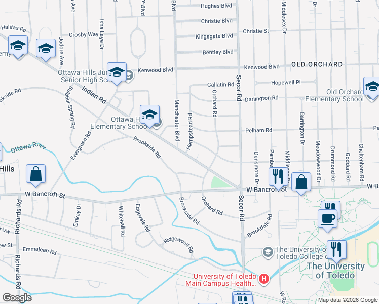 map of restaurants, bars, coffee shops, grocery stores, and more near 3454 Indian Road in Toledo