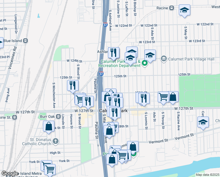 map of restaurants, bars, coffee shops, grocery stores, and more near 12528 South Ashland Avenue in Calumet Park