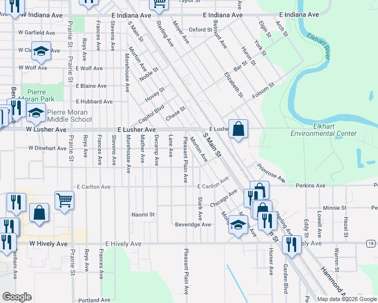 map of restaurants, bars, coffee shops, grocery stores, and more near 800-898 East Dinehart Avenue in Elkhart