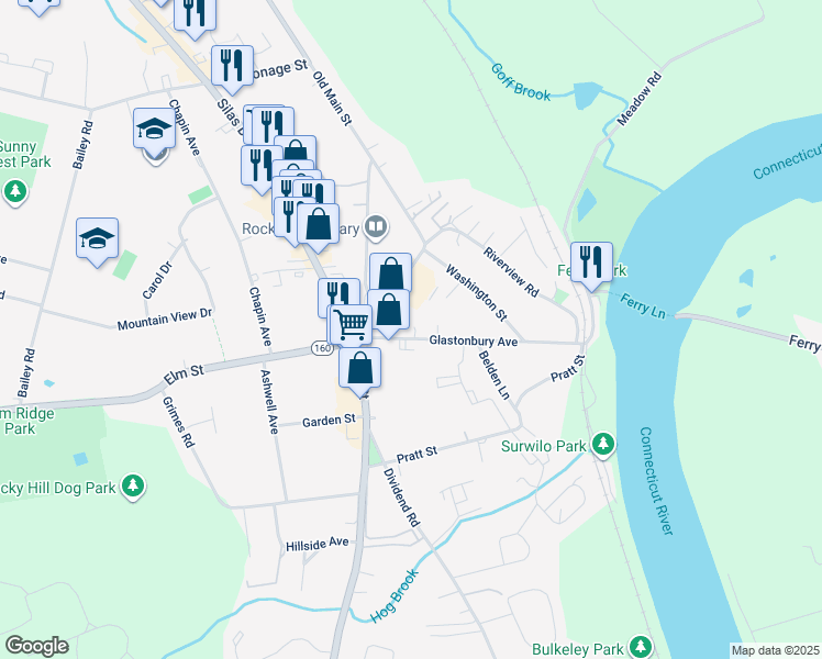 map of restaurants, bars, coffee shops, grocery stores, and more near 12 Glastonbury Avenue in Rocky Hill