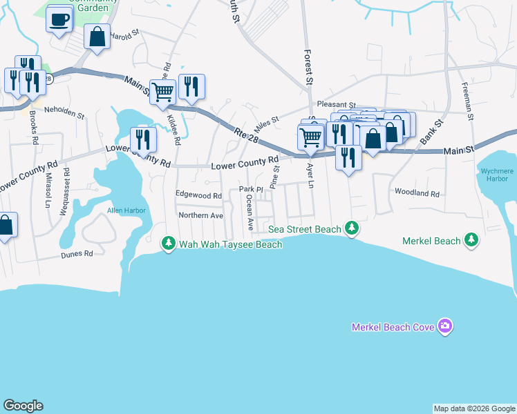 map of restaurants, bars, coffee shops, grocery stores, and more near 25 Ocean Avenue in Harwich