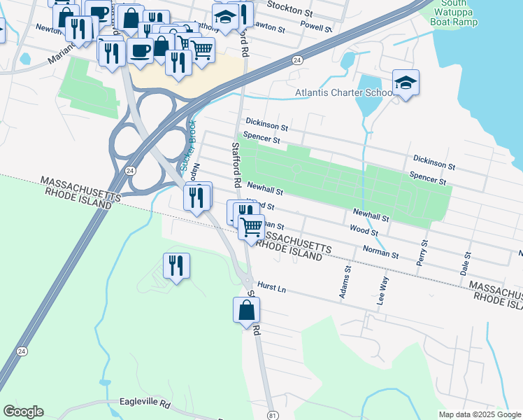 map of restaurants, bars, coffee shops, grocery stores, and more near 83 Wood St in Fall River