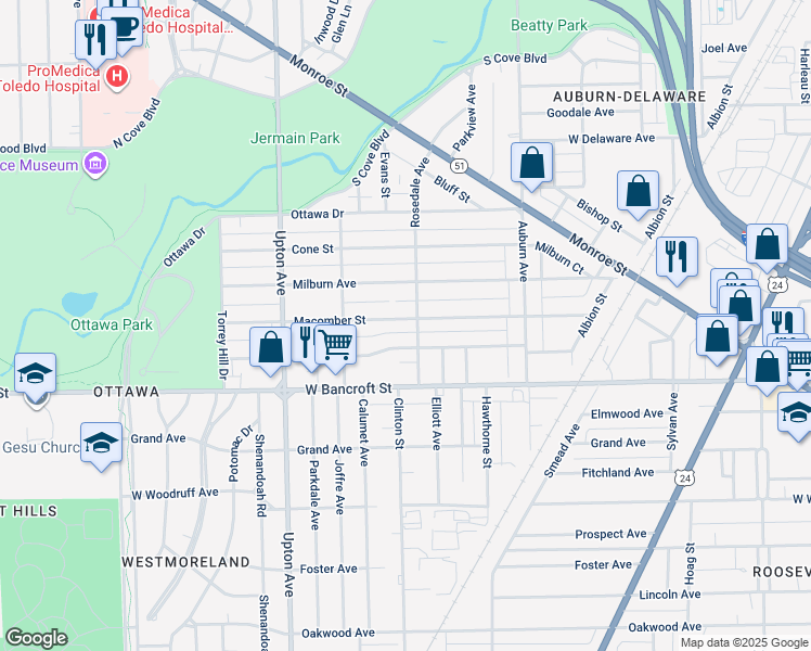 map of restaurants, bars, coffee shops, grocery stores, and more near 1711 Macomber Street in Toledo