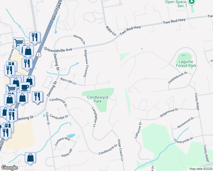 map of restaurants, bars, coffee shops, grocery stores, and more near 161 Barn Hill Lane in Newington