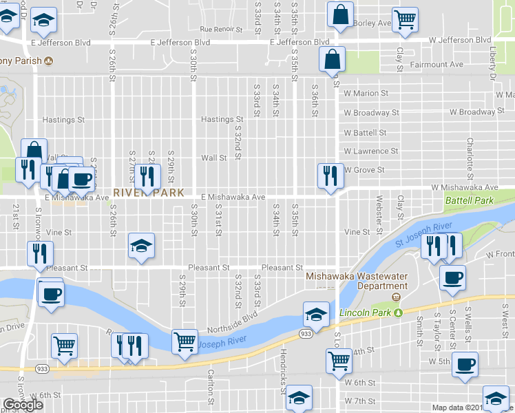 map of restaurants, bars, coffee shops, grocery stores, and more near 926 South 33rd Street in South Bend