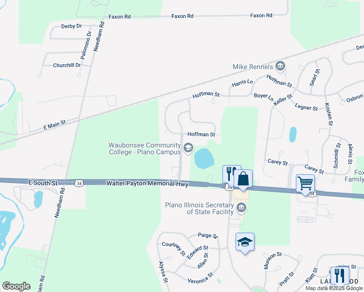 map of restaurants, bars, coffee shops, grocery stores, and more near Waubonsee Drive in Plano