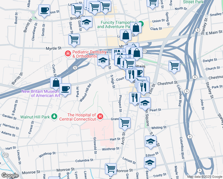 map of restaurants, bars, coffee shops, grocery stores, and more near 69 Walnut Street in New Britain
