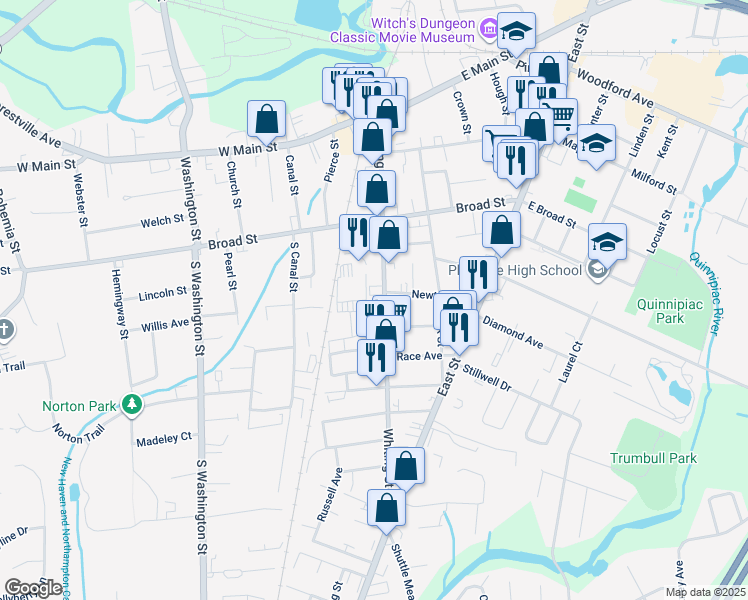 map of restaurants, bars, coffee shops, grocery stores, and more near 120 Whiting Street in Plainville