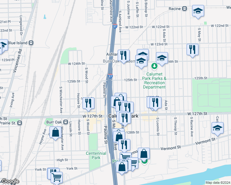 map of restaurants, bars, coffee shops, grocery stores, and more near 12528 South Ashland Avenue in Calumet Park