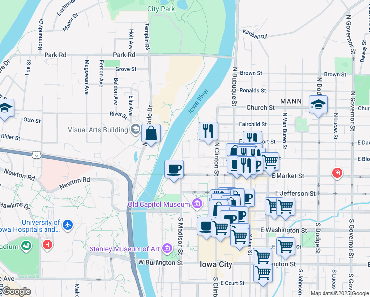 map of restaurants, bars, coffee shops, grocery stores, and more near 342-398 N Madison St in Iowa City