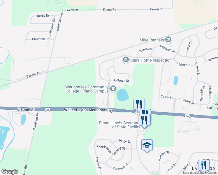map of restaurants, bars, coffee shops, grocery stores, and more near Waubonsee Drive in Plano
