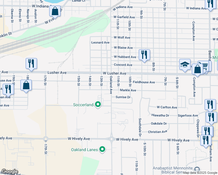map of restaurants, bars, coffee shops, grocery stores, and more near 2220 Oakland Ave in Elkhart