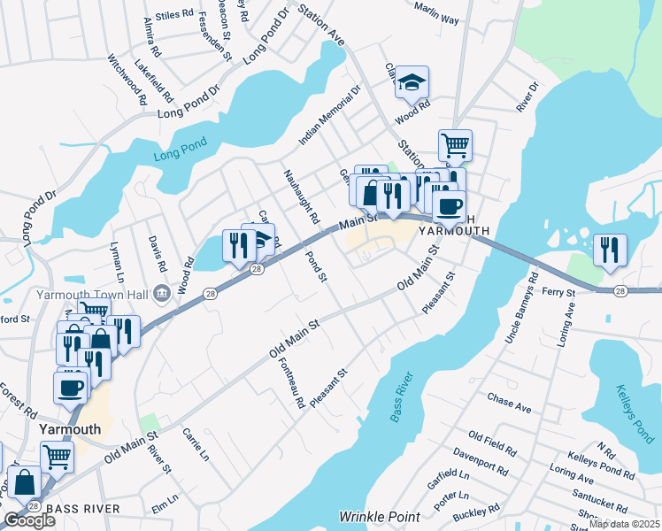 map of restaurants, bars, coffee shops, grocery stores, and more near 1261 Massachusetts 28 in Yarmouth