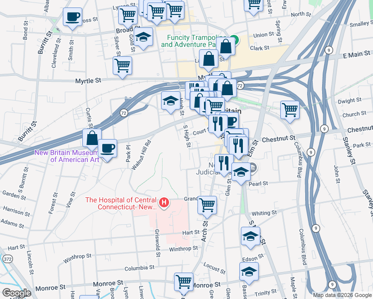 map of restaurants, bars, coffee shops, grocery stores, and more near 65 South High Street in New Britain