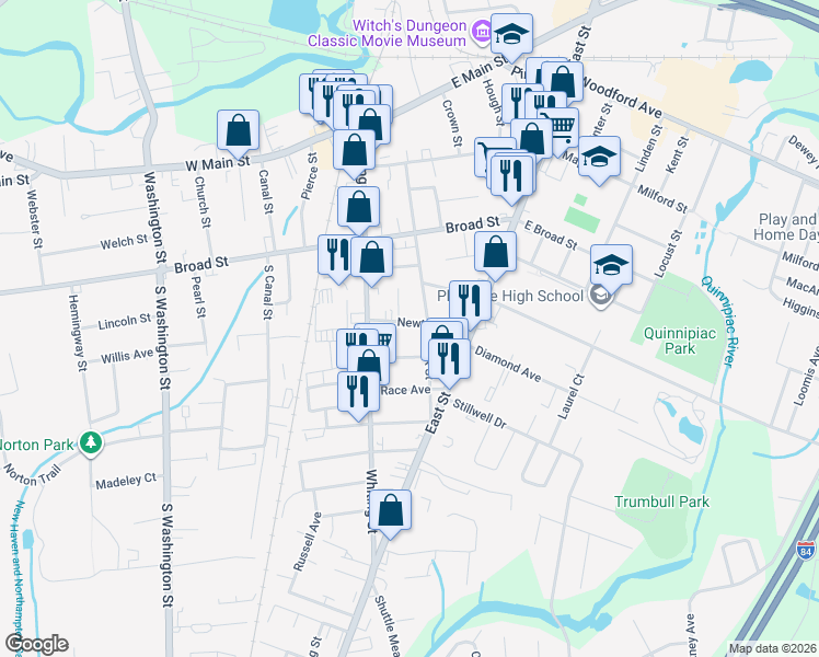map of restaurants, bars, coffee shops, grocery stores, and more near 48 Newton Avenue in Plainville