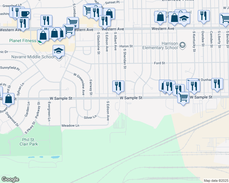map of restaurants, bars, coffee shops, grocery stores, and more near 837 South Albert Avenue in South Bend