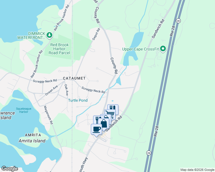 map of restaurants, bars, coffee shops, grocery stores, and more near 1276 County Road in Bourne