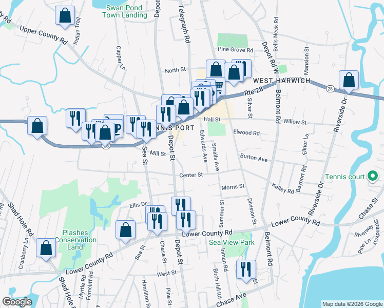 map of restaurants, bars, coffee shops, grocery stores, and more near 12 Rogers Way in Dennis