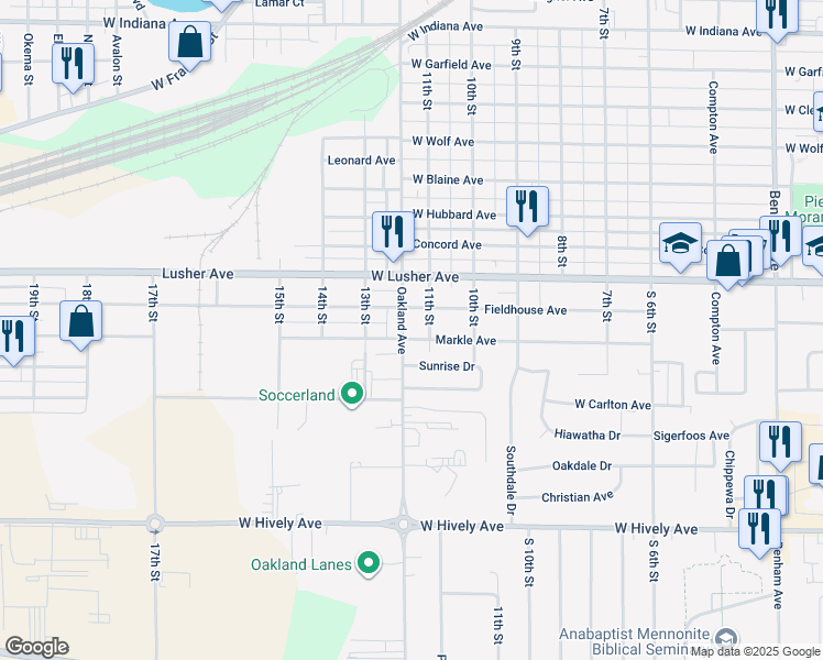 map of restaurants, bars, coffee shops, grocery stores, and more near 2220 Oakland Ave in Elkhart