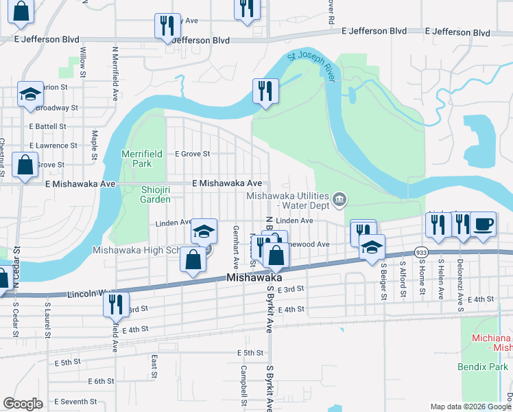 map of restaurants, bars, coffee shops, grocery stores, and more near 428 North State Street in Mishawaka