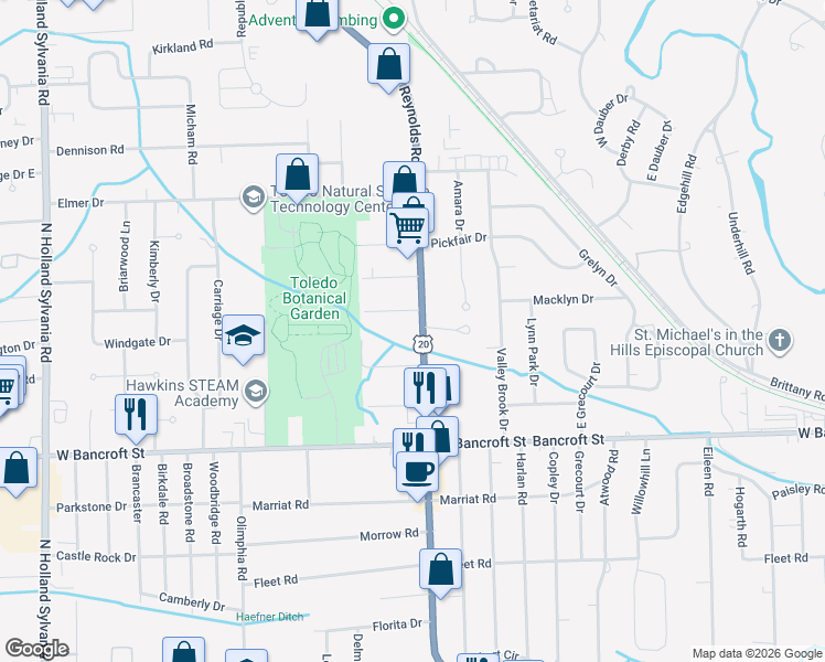 map of restaurants, bars, coffee shops, grocery stores, and more near 2343 North Reynolds Road in Toledo