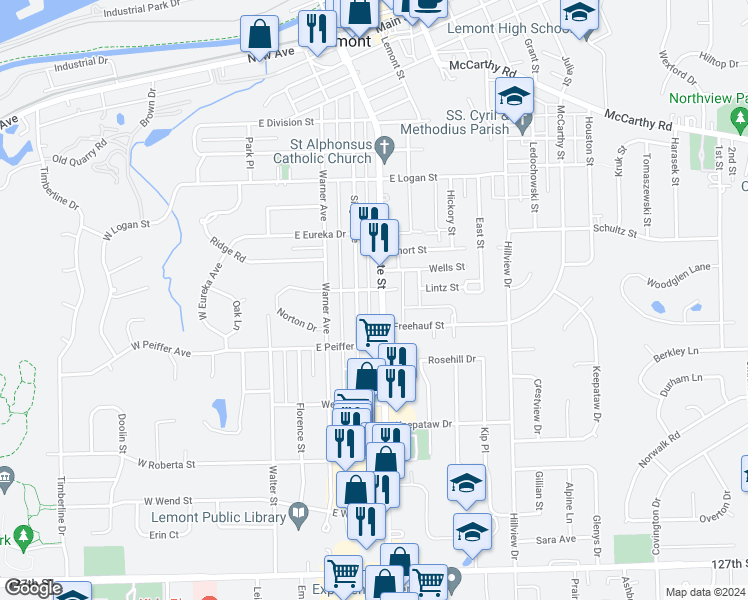 map of restaurants, bars, coffee shops, grocery stores, and more near 904 State Street in Lemont