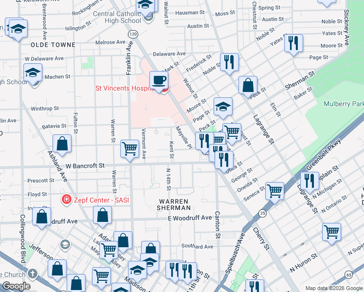 map of restaurants, bars, coffee shops, grocery stores, and more near 401 Sherman Street in Toledo