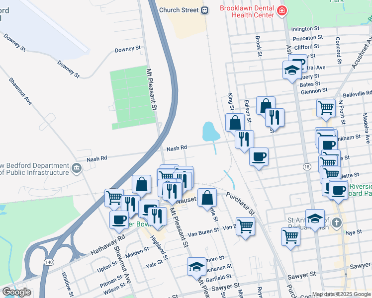 map of restaurants, bars, coffee shops, grocery stores, and more near 496 Nash Road in New Bedford