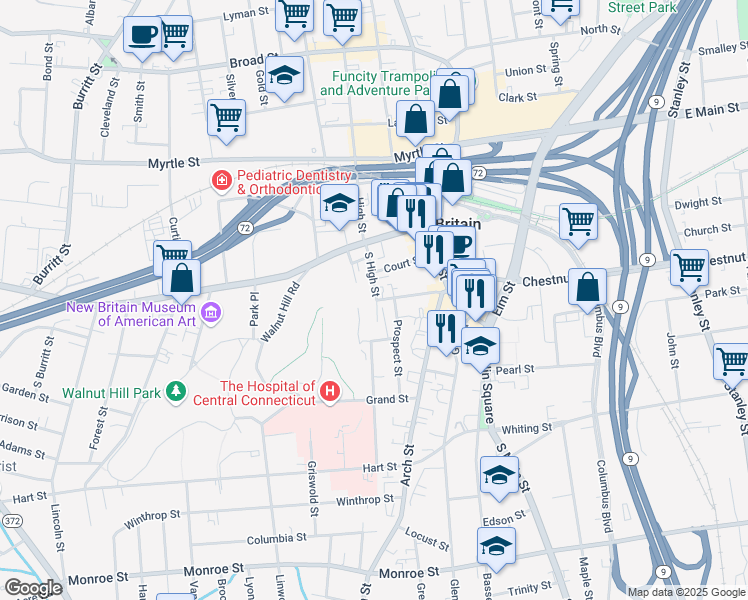 map of restaurants, bars, coffee shops, grocery stores, and more near 65 South High Street in New Britain