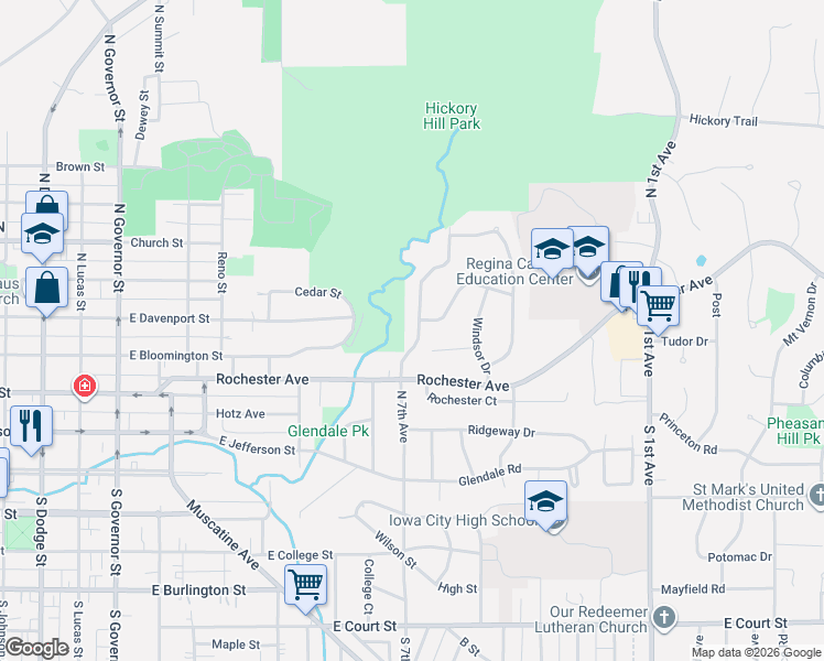 map of restaurants, bars, coffee shops, grocery stores, and more near 301 North 7th Avenue in Iowa City