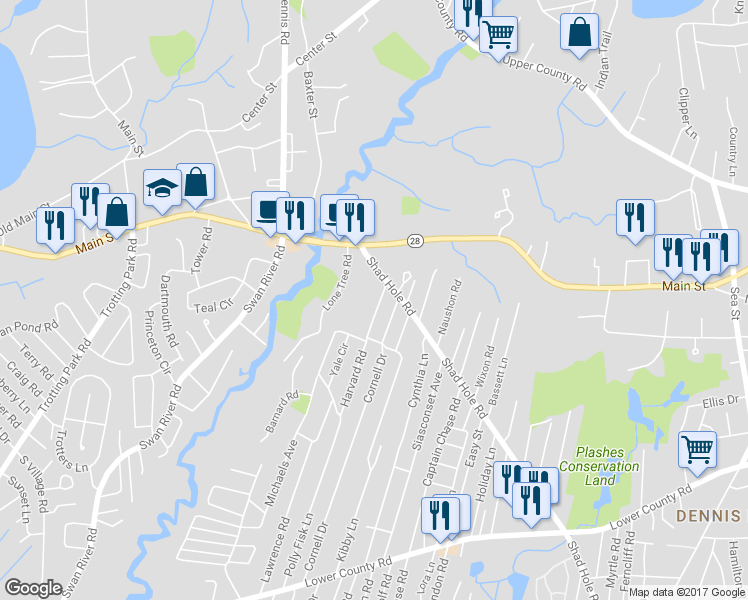 map of restaurants, bars, coffee shops, grocery stores, and more near 15 Colony Road in Dennis
