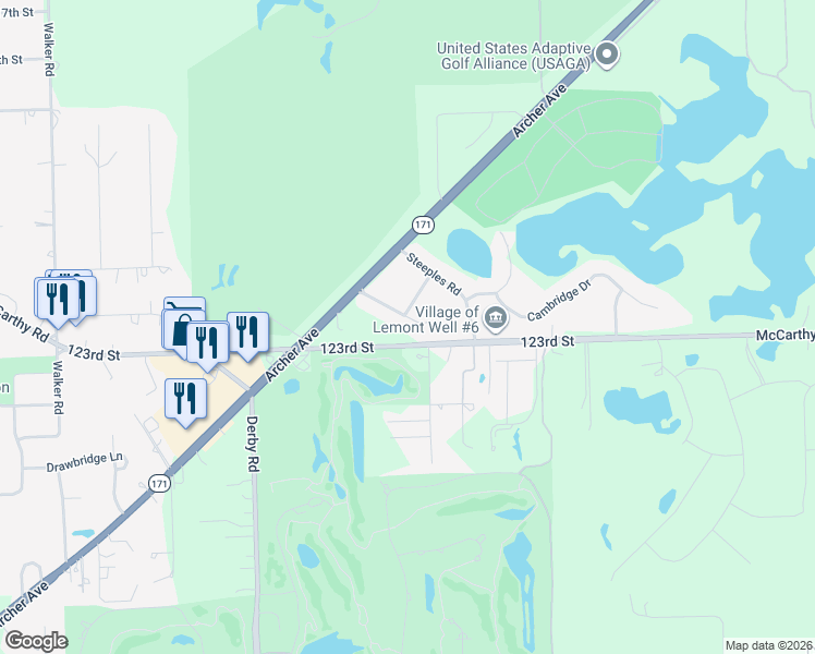 map of restaurants, bars, coffee shops, grocery stores, and more near 13886 Steeple View Lane in Lemont