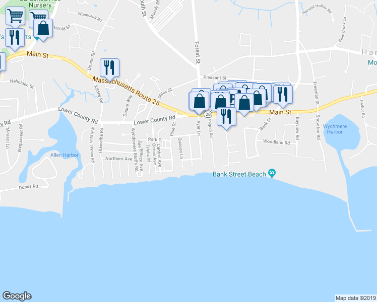 map of restaurants, bars, coffee shops, grocery stores, and more near 22 Sequatton Lane in Harwich