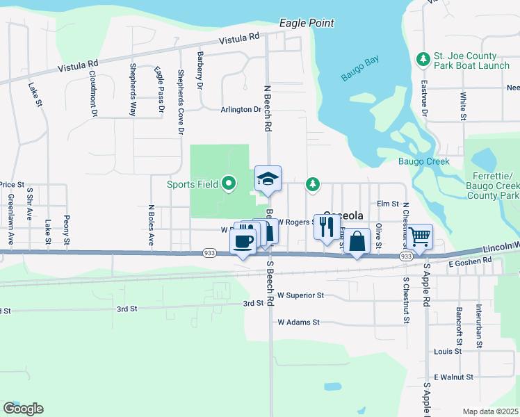 map of restaurants, bars, coffee shops, grocery stores, and more near 305 North Beech Road in Osceola