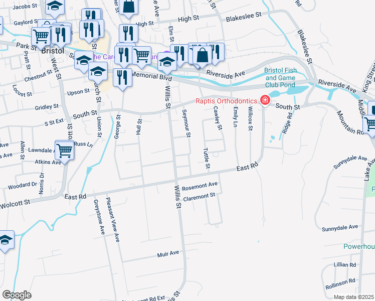 map of restaurants, bars, coffee shops, grocery stores, and more near 108 Seymour Street in Bristol